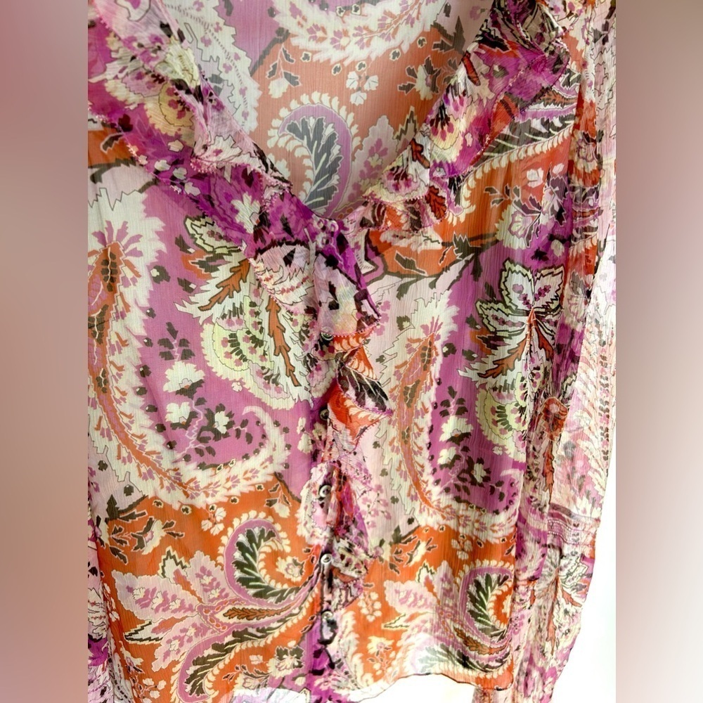 Elie tahari Pink  paisley print blouse Floral Ruffle Tie Front Long Sleeve Top - Picture 5 of 7